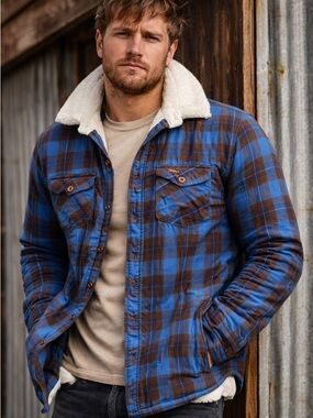 Superdry Rookie Sherpa Lined Plaid Jacket Blue Brown Flannel XL